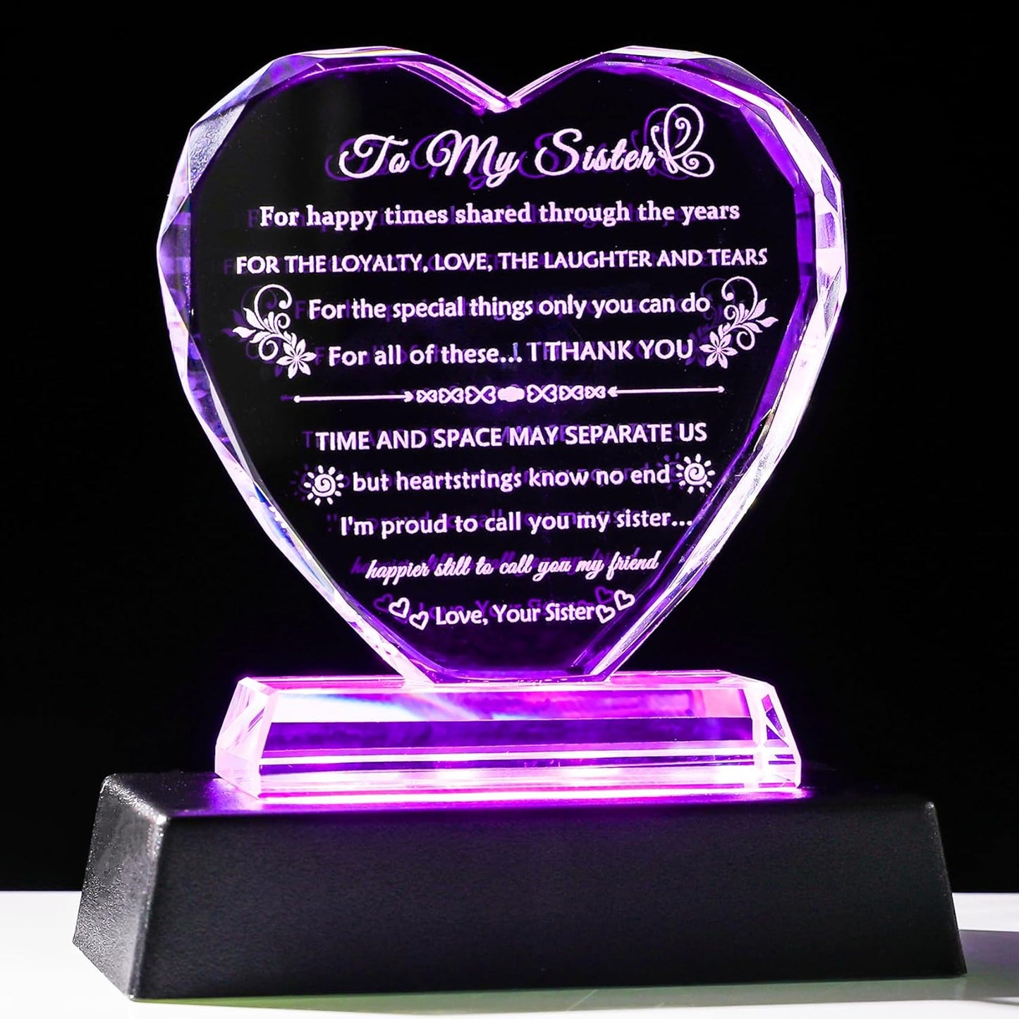 YWHL Sister Gifts from Sisters Brother Birthday Gifts for Sisters Crystal Heart Keepsake with Colorful Base Sister Gift for Women on Christmas Mothers Day Valentines Wedding