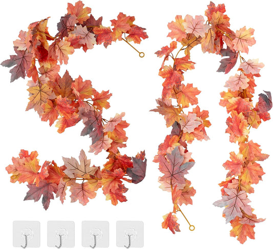 2 Pack Fall Garland 5.7ft/Piece 3D Artificial Fall Maple Leaves Garland Fall Decorations for Home Fall Leaf Garland for Mantle Autumn Garland for Thanksgiving Fireplace Table Party Porch Decor