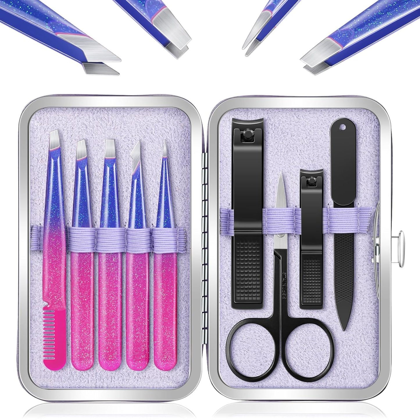 MORGLES Eyebrow Tweezers for Women and Nail Clipper Set with Travel Case Precision Tweezers for Facial & Ingrown Hair Removal with Scissors