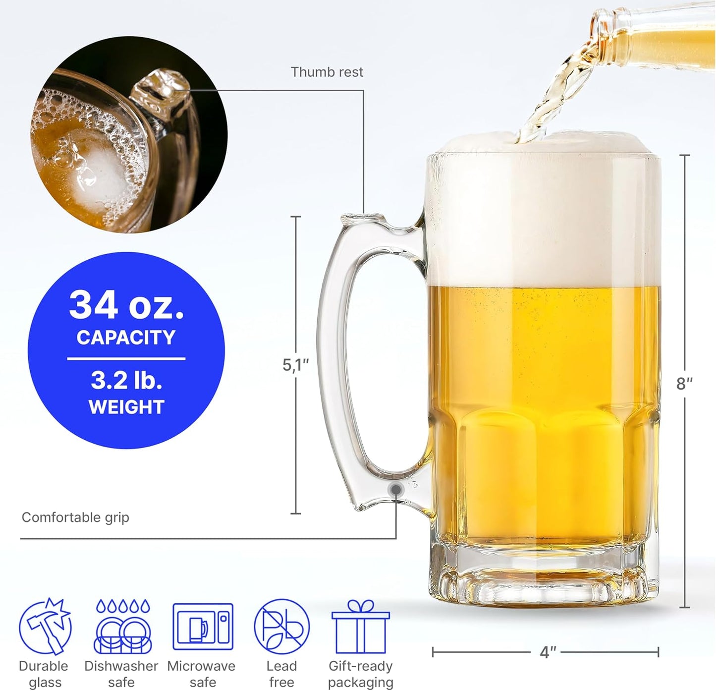 Glass Beer Mugs with Handle – 34 fl. oz. / 1L – Large & Heavy Beer Stein for Root Beer – Best Gift for Men Father Boyfriend Brother Dad – Set of 2