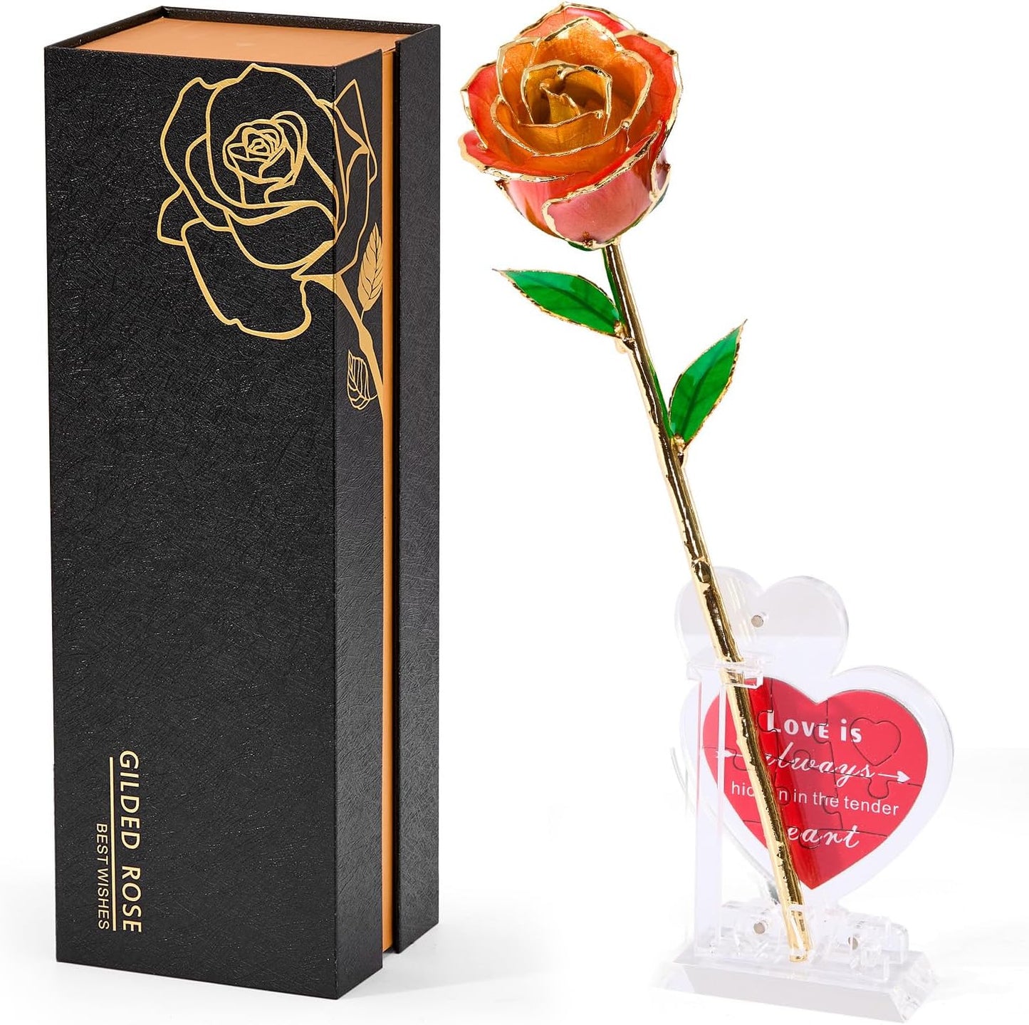 Mikasol Real 24K Gold Dipped Realistic Rose – Timeless Lifelike Bloom with Heart Puzzle Base – Romantic Gradient Orange Flower Gift for Her, Wife, Girlfriend, Mom – Birthday, Anniversary, Mother’s Day