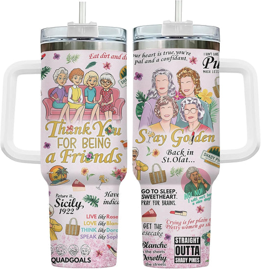 34HD Golden Ladies Tumbler with Handle – Thank You for Being a Friend Cup – 40 oz Stainless Steel Travel Mug with Funny Quotes – Birthday Gifts for Women, TV Sitcom Fans, Vintage Aesthetic