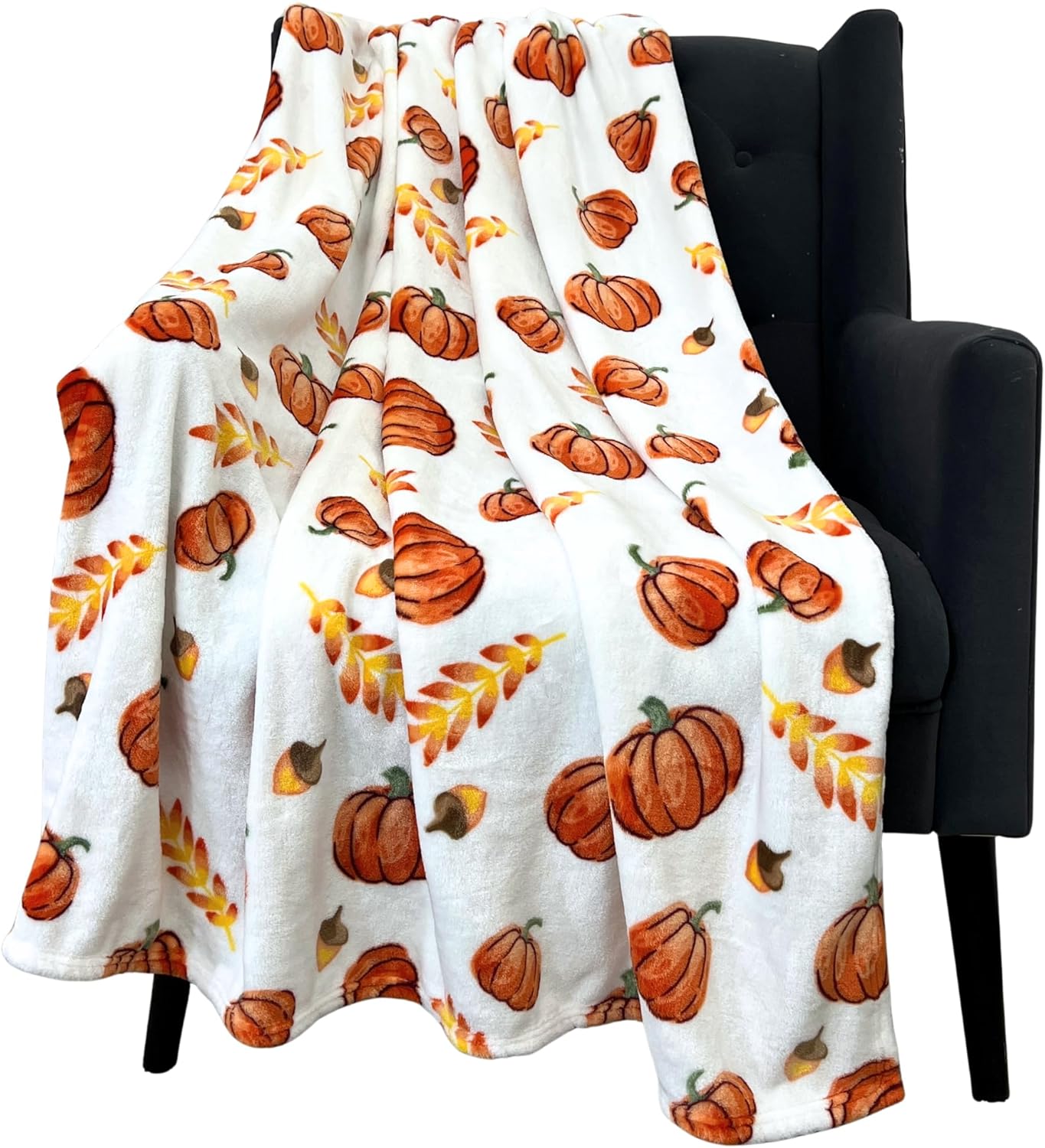 Home Decor Farmhouse Fall Fleece Throw Blanket: Harvest Pumpkins Leaves and Wheat on Velvet Fleece, Oversized Measures 70" inches x 50" inches