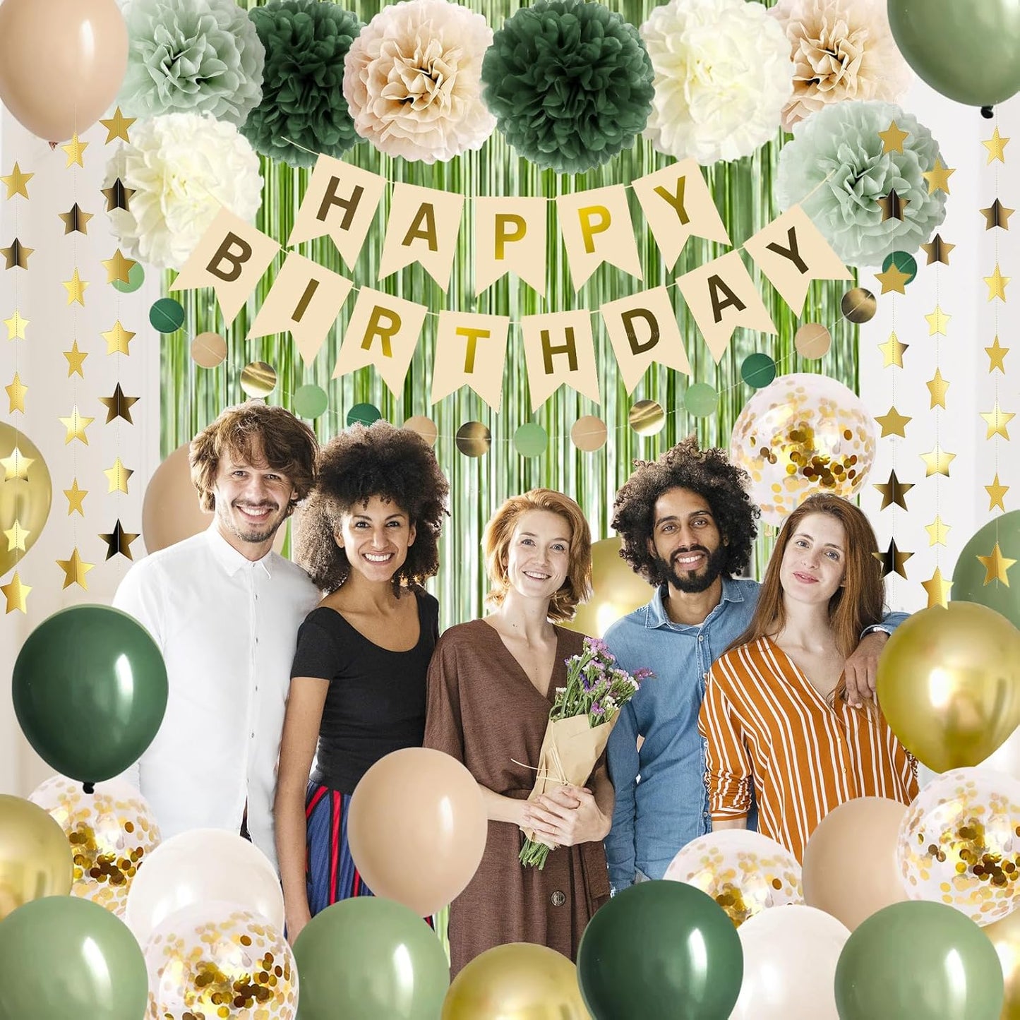 Sage Green Birthday Decorations Olive Green Happy Birthday Party Decorations Nude Retro Gold Balloon Banner Paper Pom Poms Greenery Neutral Rustic Décor Supplies Baby Girls Women