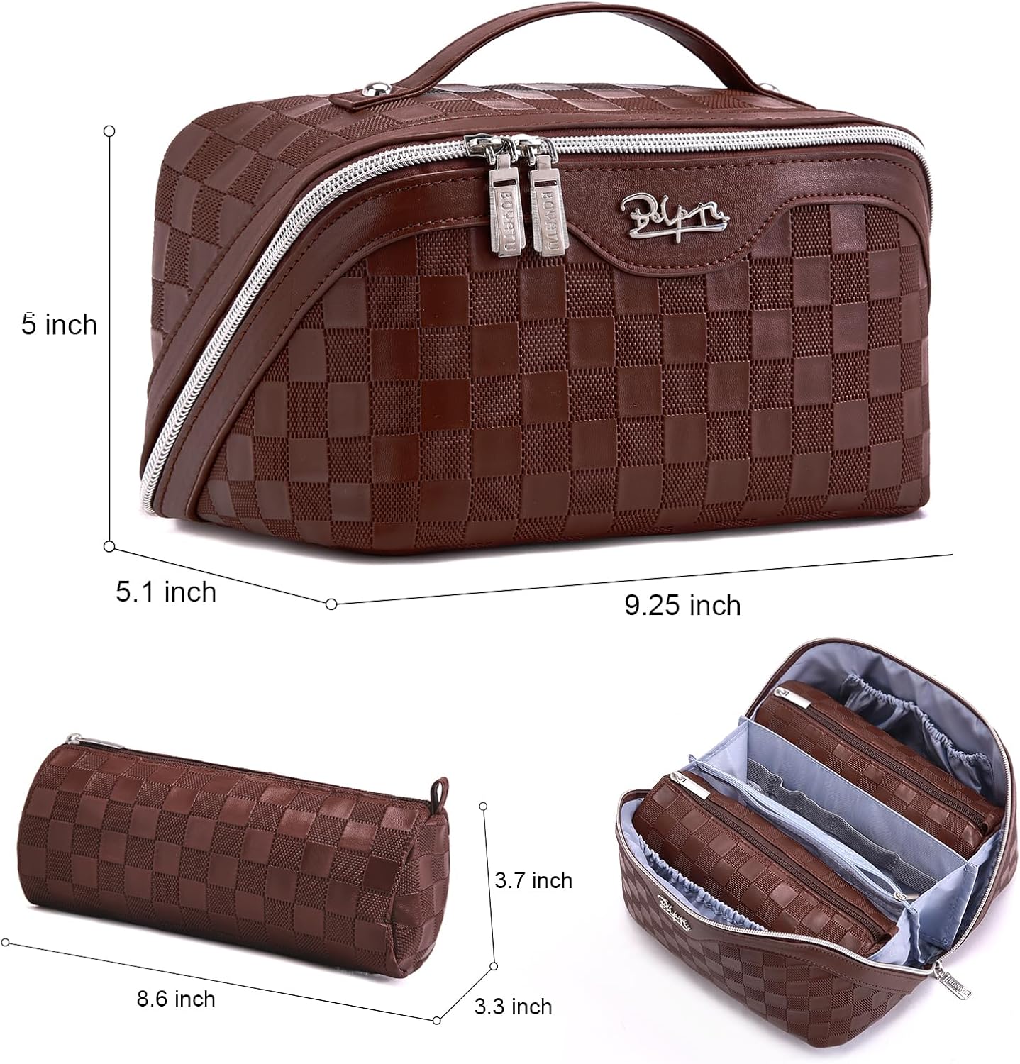 Travel Makeup Bag Organizer Cosmetic Bag: 3 Pcs Set Make up Bags for Women with Handle - Waterproof Vegan Leather Toiletry Bags with Comparments (C-09-Coffee)
