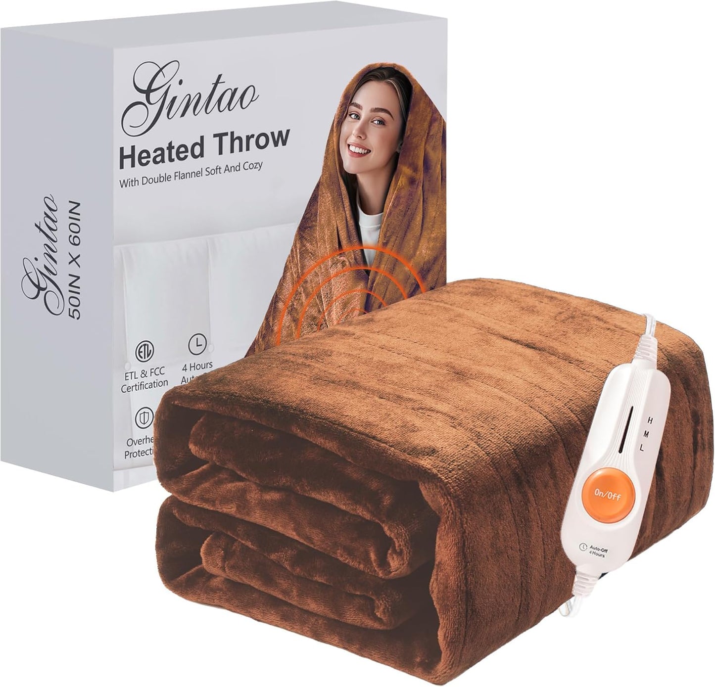 Gintao Electric Heated Blanket, 50"x60" Double Soft Flannel Electric Blanket Throw with 3 Heating Levels,ETL&FCC Certified,4H Auto Off Heating Blanket&Overheat Protection for Home Office,Gifts,Brown