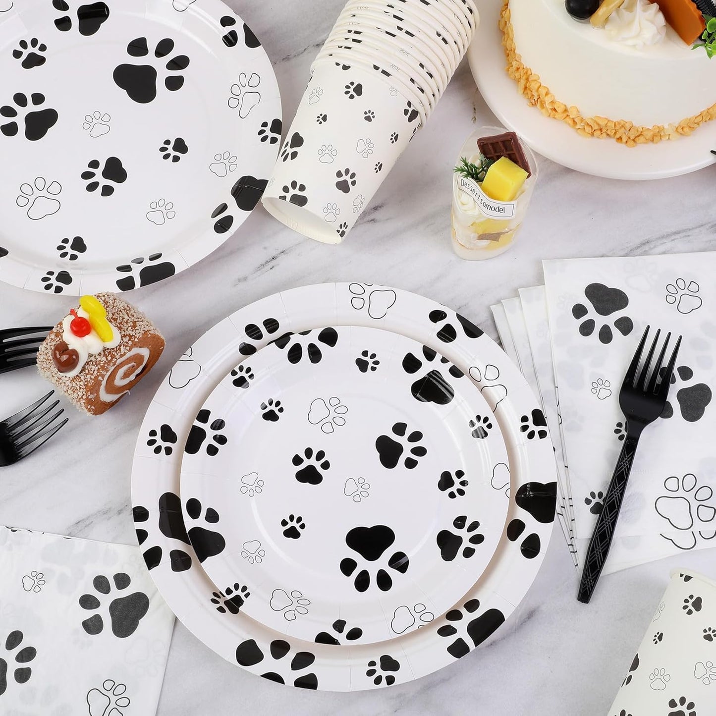 144 Pieces Black Paw Print Party Tableware Sets Including Disposable Plates Napkins Cups Forks Serves 24 for Dog Puppy Theme Party Supplies