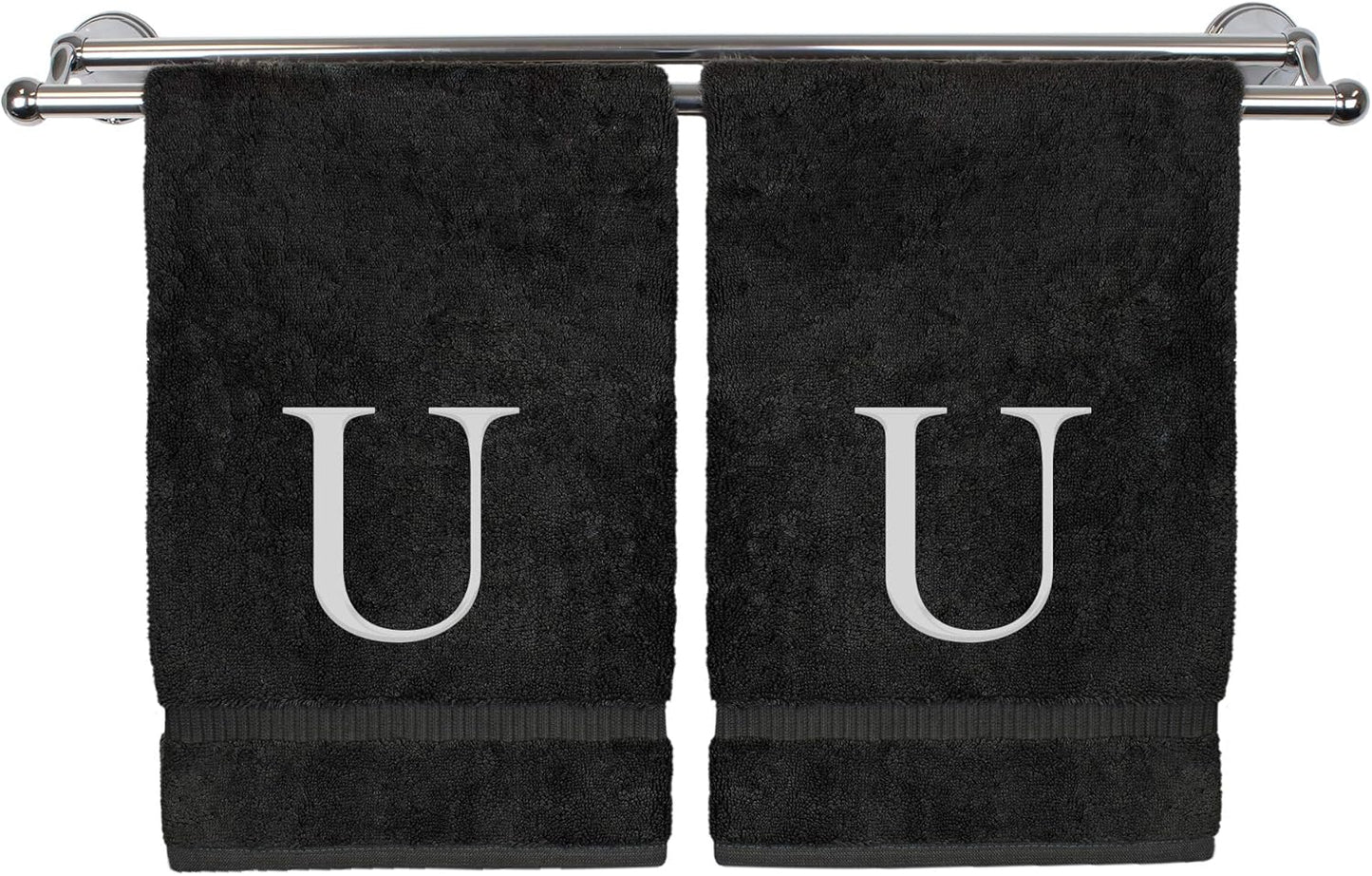 Monogrammed Hand Towel, Personalized Gift, Set of 2- White Block Letter Embroidered Towel - Extra Absorbent 100% Turkish Cotton - Soft Terry Finish - Initial U Black
