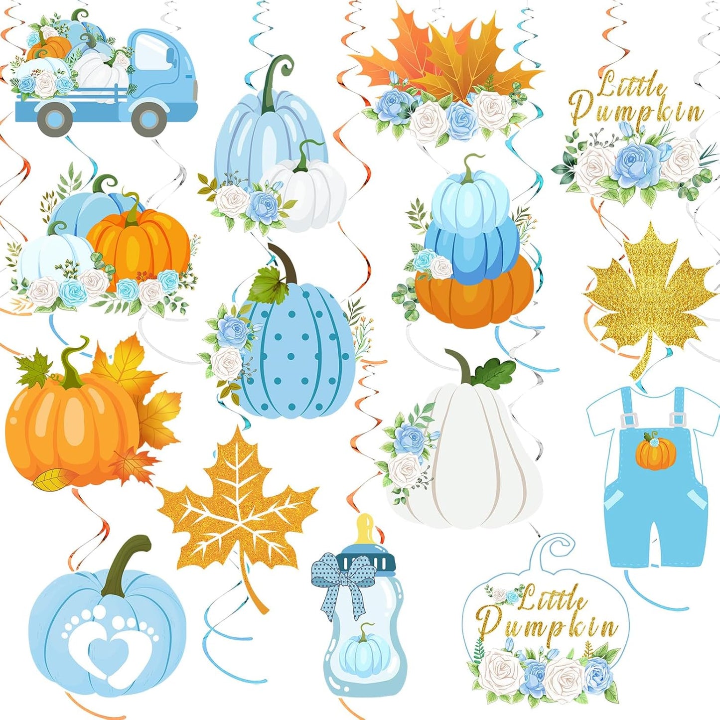 36pcs Thanksgiving Little Pumpkin Party Hanging Swirls Decor,Blue Boy Little Pumpkin Thanksgiving Hanging Swirls, Fall Themed Maple Leaf Pumpkin Truck Ceiling Swirl for Boy Birthday Party Decorations