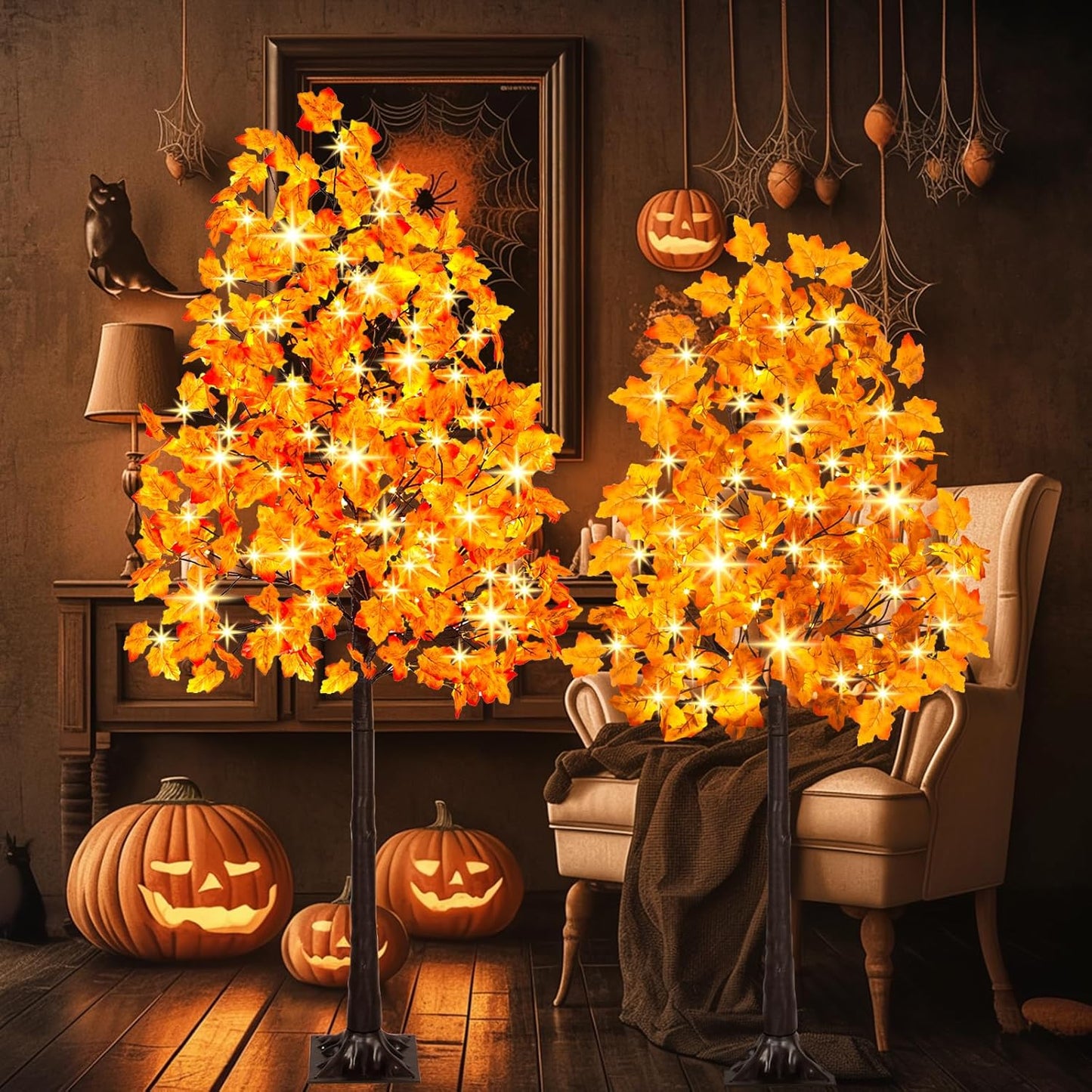 Set of 2 Artificial Lighted Maple Tree (5FT 96LED & 6FT 120LED) Fall Tree with Warm White Lights and Maple Leaves for Thanksgiving, Christmas, Autumn Harvest Outdoor Indoor Home Decorations