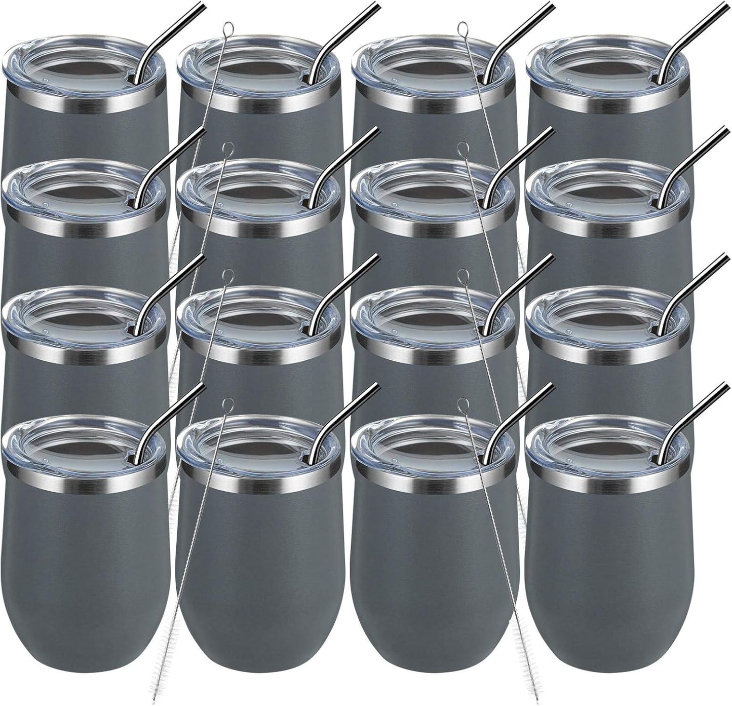 MEWAY 12oz Wine Tumbler 16 Pack Bulk Gifts for Women,Double Wall Vacuum Stainless Steel Travel Mug with Lid,Insulated Stemless Wine Cup Glass for Coffee,Cocktails,Drinks(Gray,Set of 16)