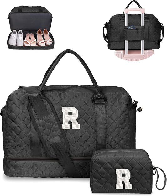 Easter Gifts for Teens-Duffle Bags, Personalized Weekender Bag with Shoulder Strap, Monogram Overnight Bags for Women Wet Pocket, Letter Travel Bag with Makeup Bag Gifts for Niece (Letter R)