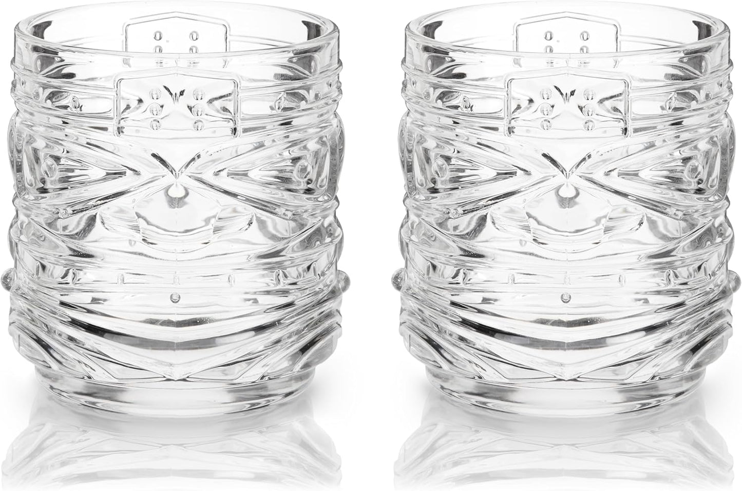 Viski Pacific Tiki Glasses Stackable Lowball DOF Tumblers, Tropical Cocktail and Bar Gifts for Rum and Whiskey, 12 Oz, Set of 2