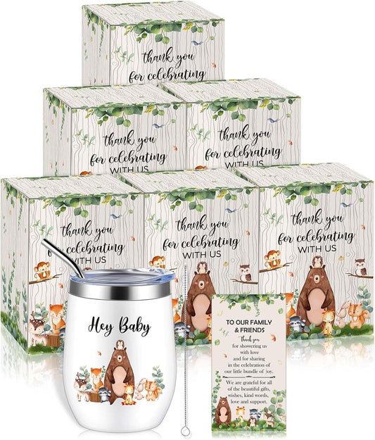 Hoolerry 6 Set Baby Shower Game Prizes for Guests Winners 12 oz Insulated Stainless Steel Tumbler Cup with Lids, Straws, Cleaning Brush, Cards & Boxes Return Gifts(Green,Woodland Animals)