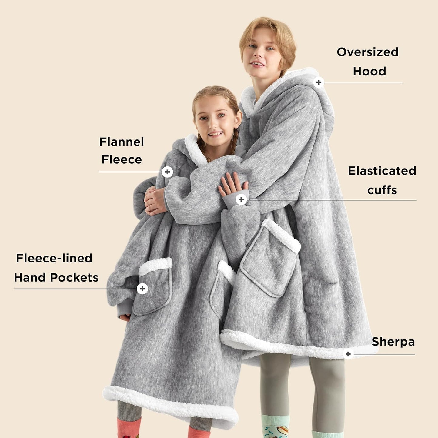 Bedsure Blanket Hoodie, Wearable Blanket for Adults & Kids as Gifts for Women Men, Birthday Gifts for Women Mom Girl Sherpa Oversized Hoodie, Concrete Grey, Small