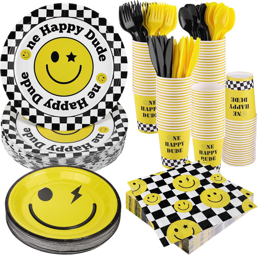 400 Pieces One Happy Dude Disposable Party Tableware Sets Including Plates Cups Napkins Cutlery Serves 50 for Smiley Party 1st Birthday Preppy Party Decorations