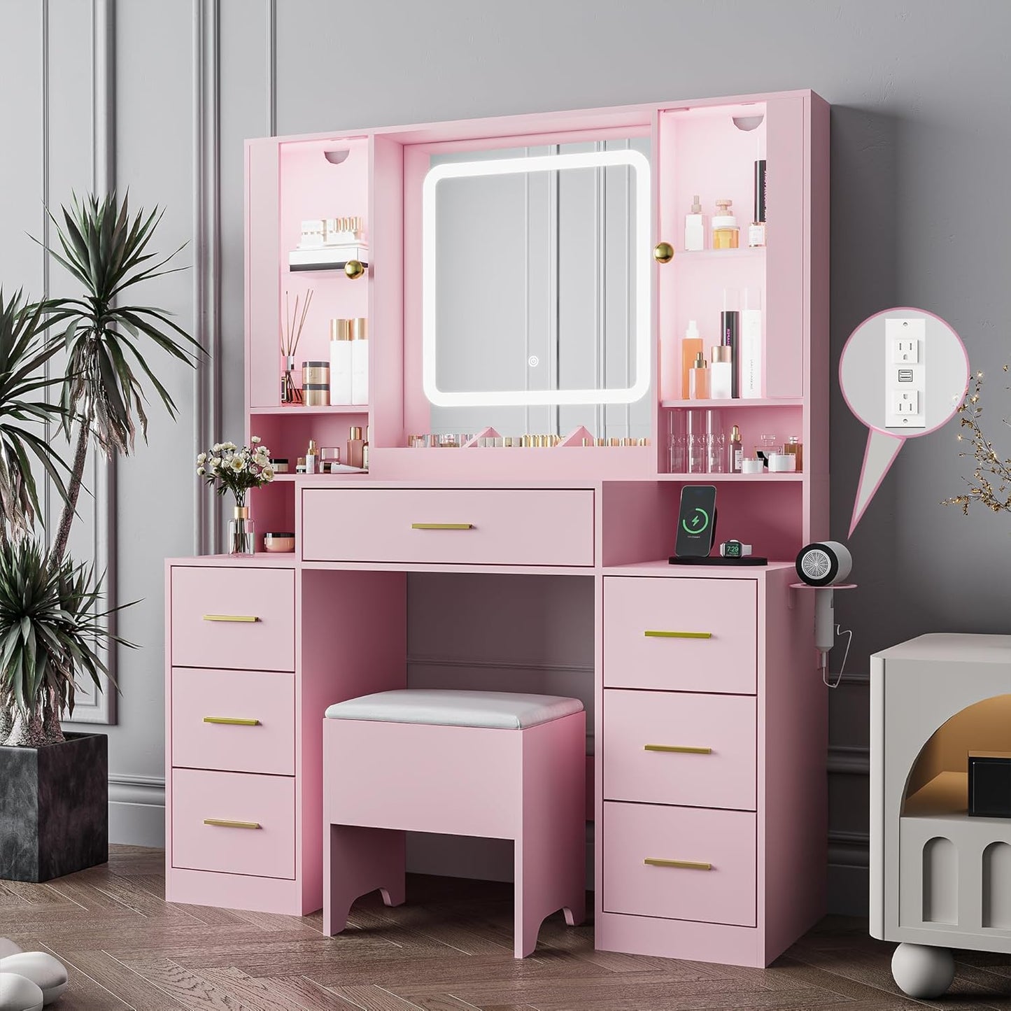 Makeup Vanity with LED Light Strip Mirror and Chair, 7 Drawers & 2 RGB Cabinets Pink Vanity Makeup Desk with Power Strip, Adjustable LED Lighting, and Cushioned Stool for Women, Girls, Teens