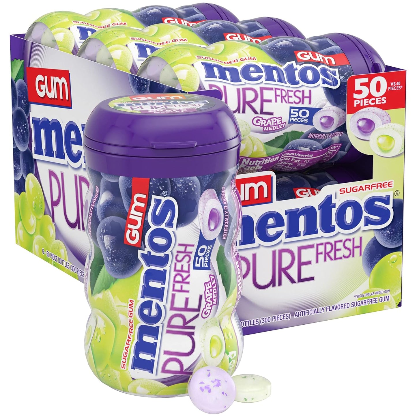 Mentos Pure Fresh Sugar-Free Chewing Gum with Xylitol, Grape Medley, 50 Piece Bottle (Bulk Pack of 6)