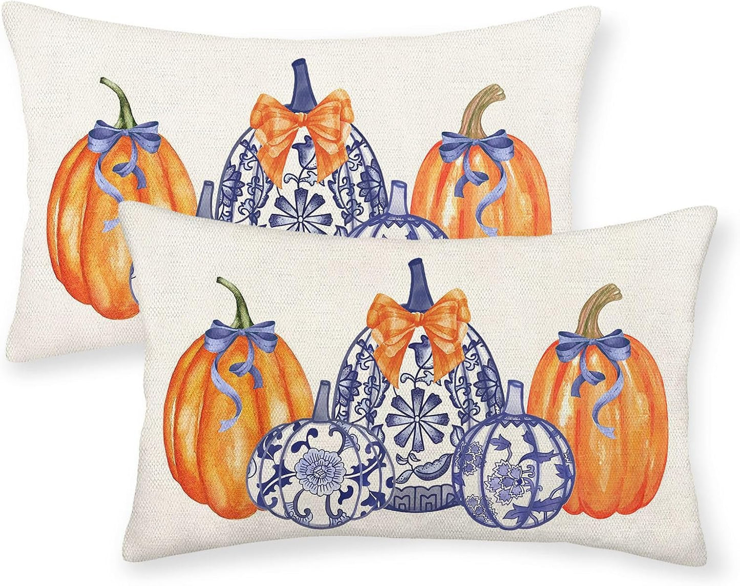 Fall Pillow Covers 12x20 Set of 2 Orange Blue Chinoiserie Pumpkin Throw Pillow Covers Outdoor Decoration Autumn Decor Pumpkin Pillowcase Farmhouse Decorative Linen Cushion Case for Home Sofa