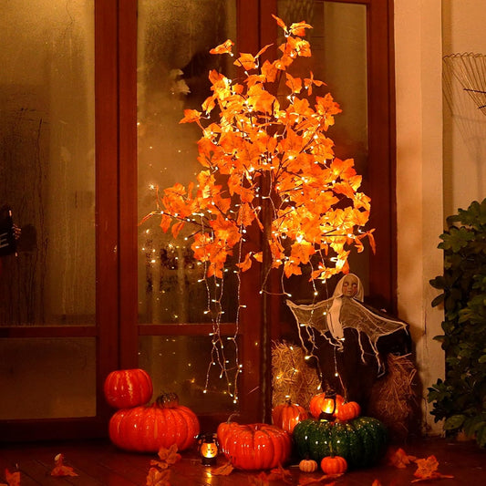5FT 96LED Artificial Lighted Maple Tree, Fall Tree with Warm White Lights and Maple Leaves for Thanksgiving, Christmas, Autumn Harvest Outdoor Indoor Home Decorations