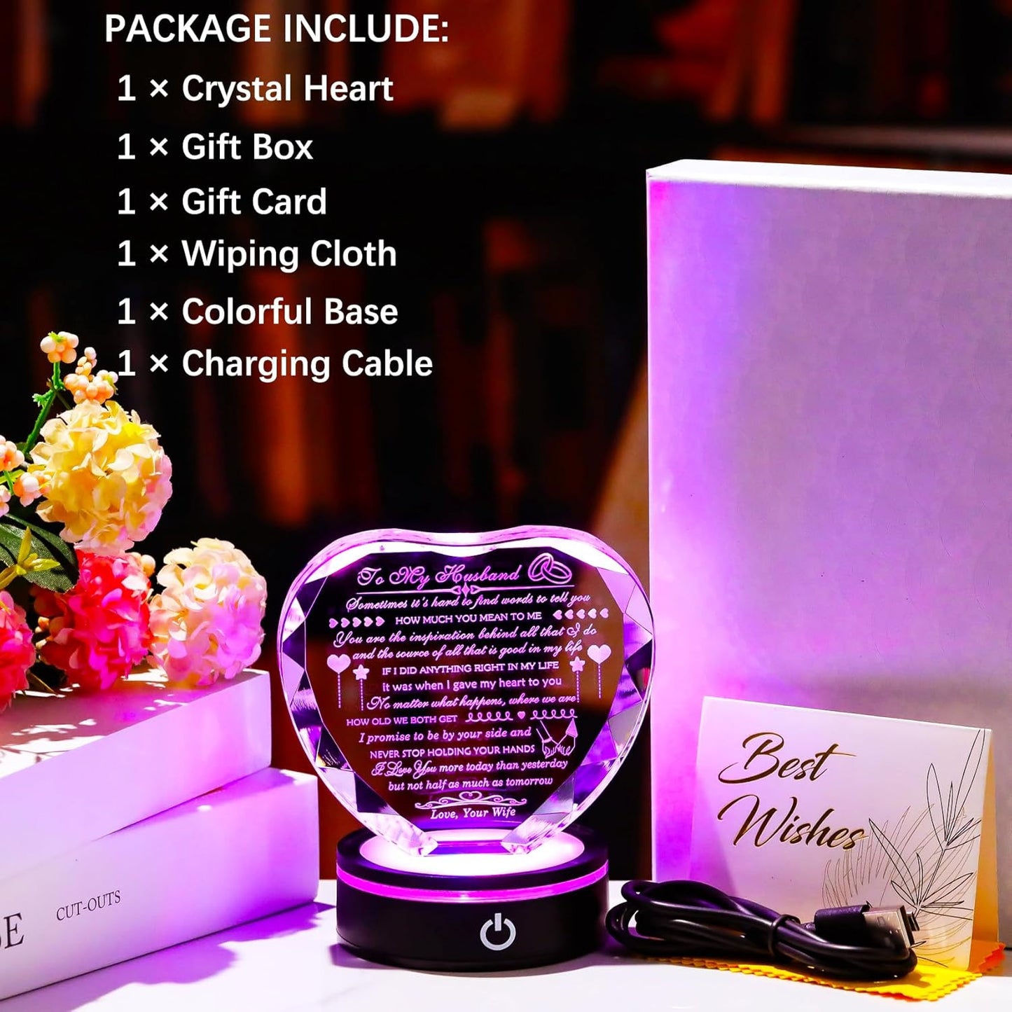 Gifts for Husband with Colorful LED Base Romantic Anniversary Wedding Gifts for Men Crystal Heart to My Husband Birthday Gift from Wife I Love You Gifts for Him on Valentine's Fathers Day Christmas