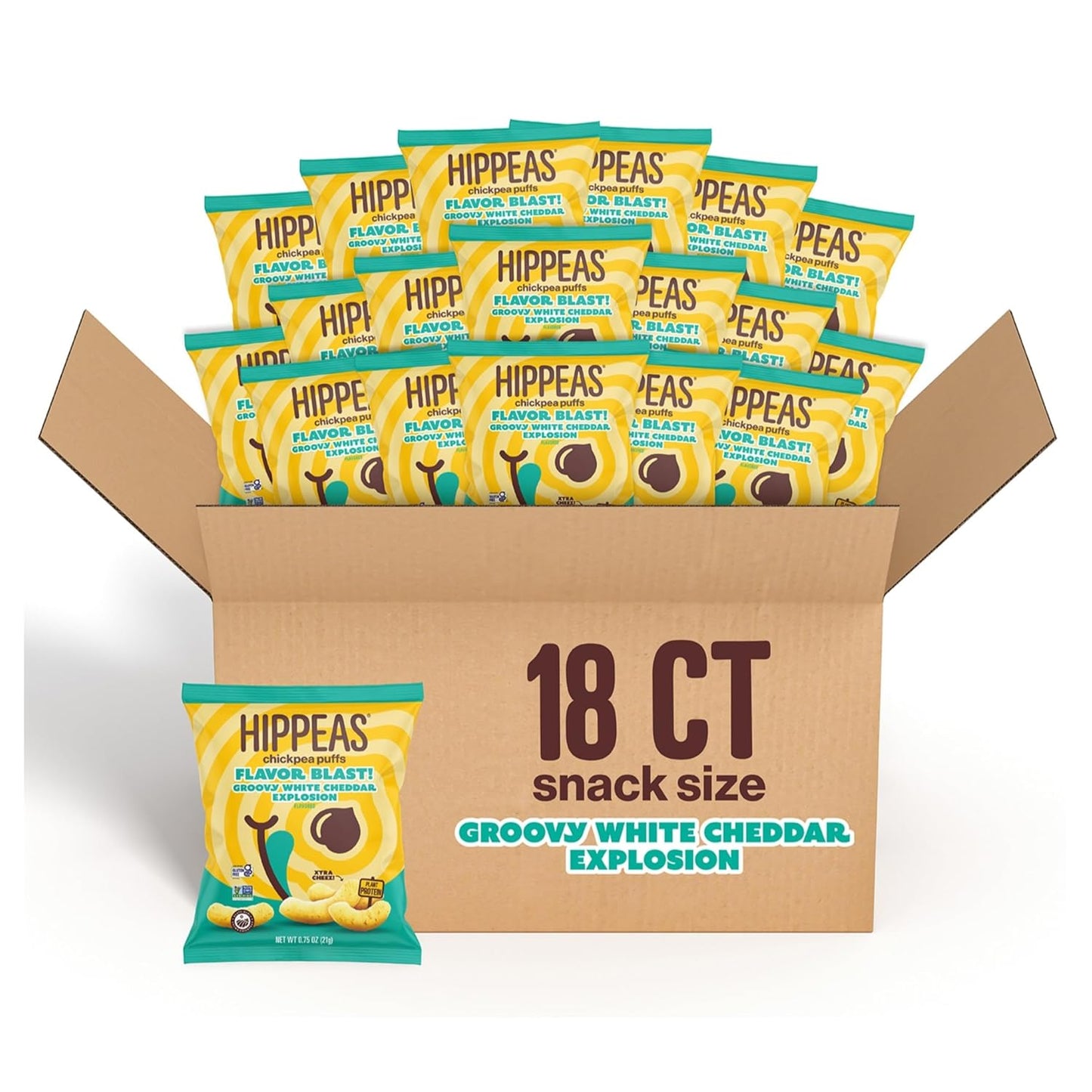 Hippeas Chickpea Puffs, Flavor Blast: White Cheddar Explosion, 0.75 Ounce (Pack of 18), 3g Protein, 2g Fiber, Vegan, Gluten-Free, Crunchy, Plant Protein Snacks