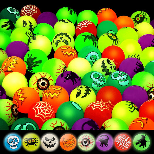 40 Glow in The Dark Bouncing Balls, 8 Halloween Theme Designs, Party Favor Supplies, Trick or Treating Goodie Bag Filler, School Classroom Game Rewards, Miniatures (with Pouch Bag)