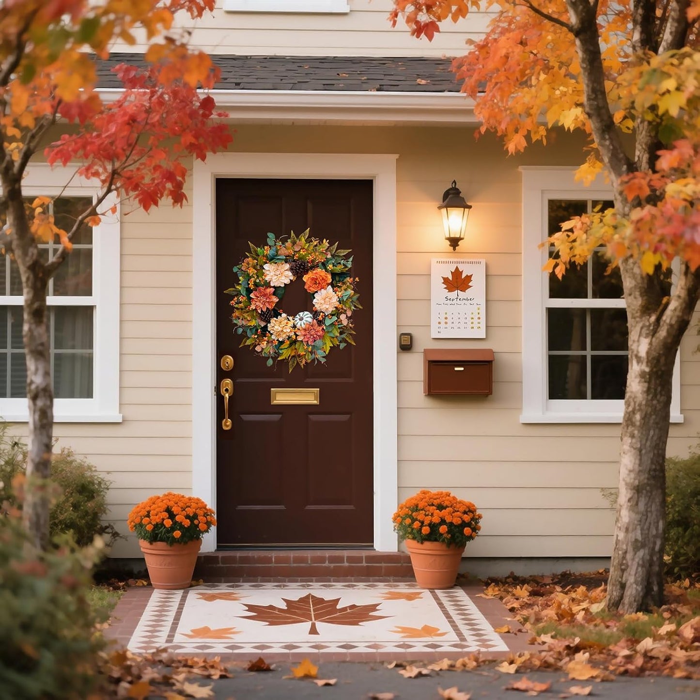 Fall Wreaths for Front Door Outside-24 Inch Autumn Wreath with Dahlia Flowers, Pumpkins, Pinecones, and Eucalyptus Leaves Large Fall Wreath for Thanksgiving, Halloween, Indoor Outdoor Door