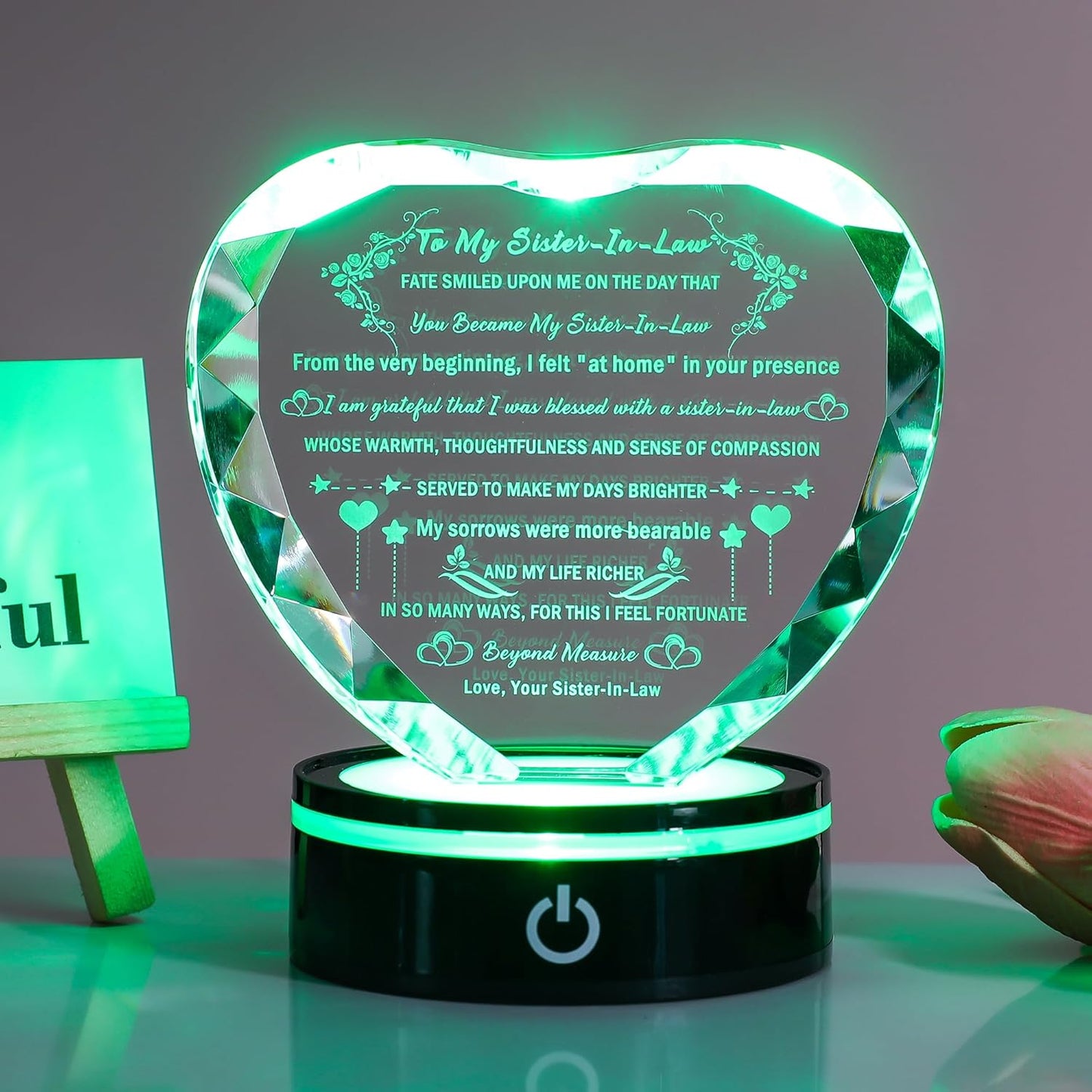 YWHL Sister in Law Birthday Gifts with Colorful LED Base Unique Heart Crystal Keepsake for Unbiological Bonus Sister Wedding Thanksgiving Gift Ideas