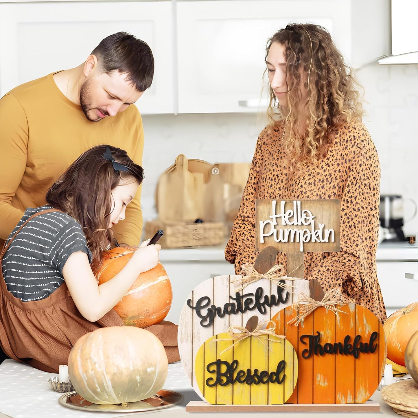 SY Super Bang Fall Decorations for Home, Rustic Wooden Blessed Grateful Thankful Hello Pumpkin Tabletop Sign Thanksgiving Decoration, for Autumn Harvest Farmhouse Party Decor.