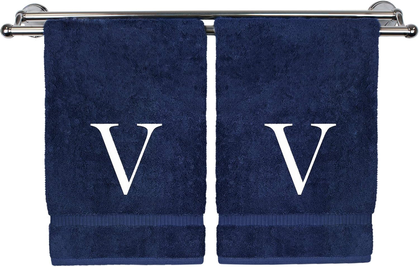 Monogrammed Hand Towel, Personalized Gift, Set of 2- White Block Letter Embroidered Towel - Extra Absorbent 100% Turkish Cotton - Soft Terry Finish - Initial V Navy