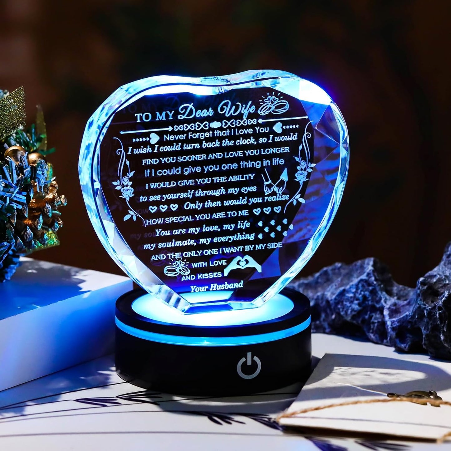 Gifts for Wife with Colorful LED Base Romantic Wife Anniversary Birthday Gift Ideas Crystal Heart to My Wife Gifts from Husband on Valentine's Day Christmas Mother's Day
