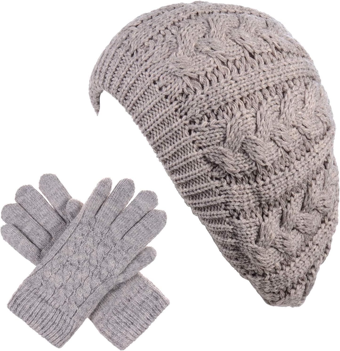 BYOS Womens Winter Cozy Cable Fleece Lined Knit Beret Beanie Hat (Set Available)