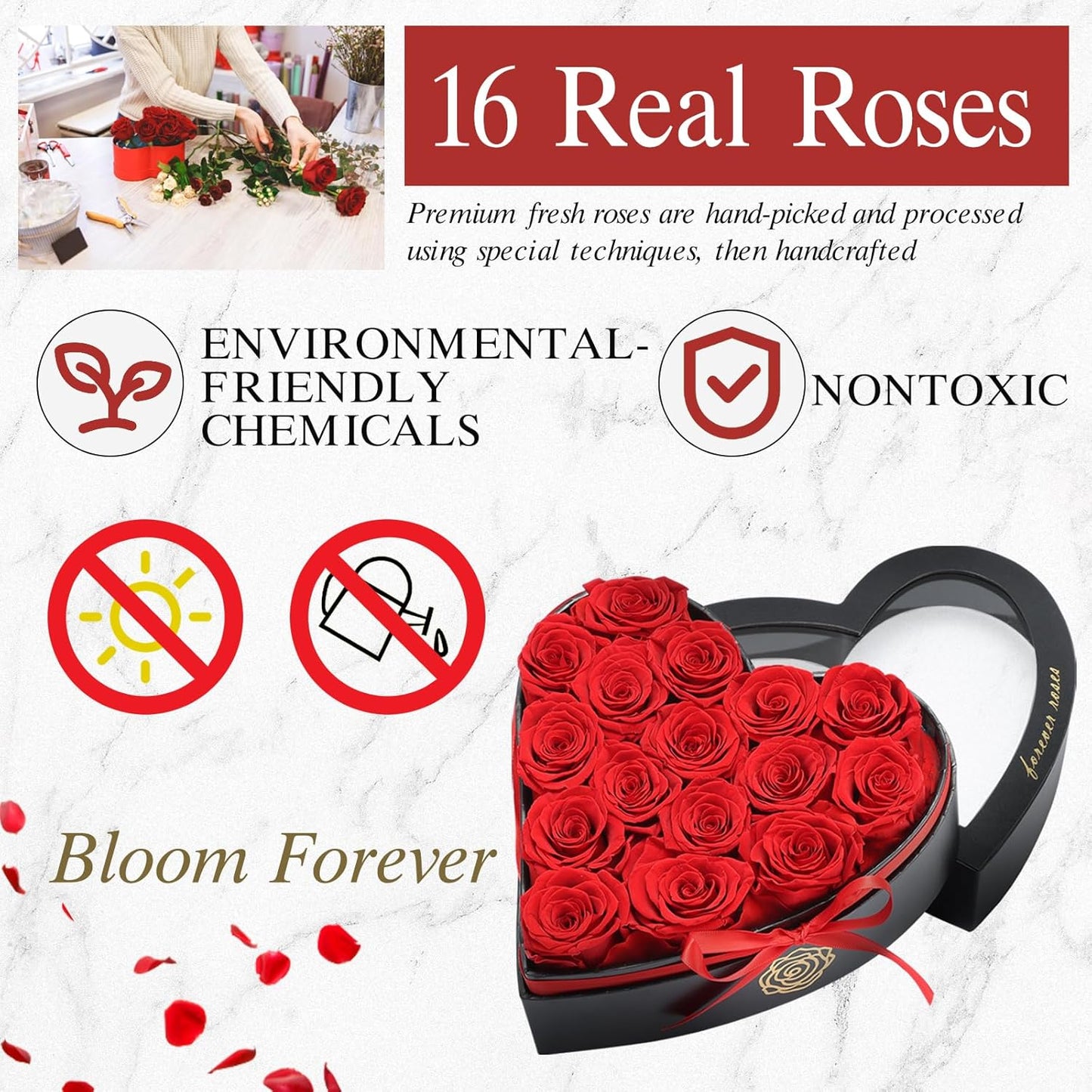 16 Forever Flowers in Heart Shaped Box - Preserved Roses Romantic Gifts for Her, Valentine’s Day, Anniversary, Wedding (Red)