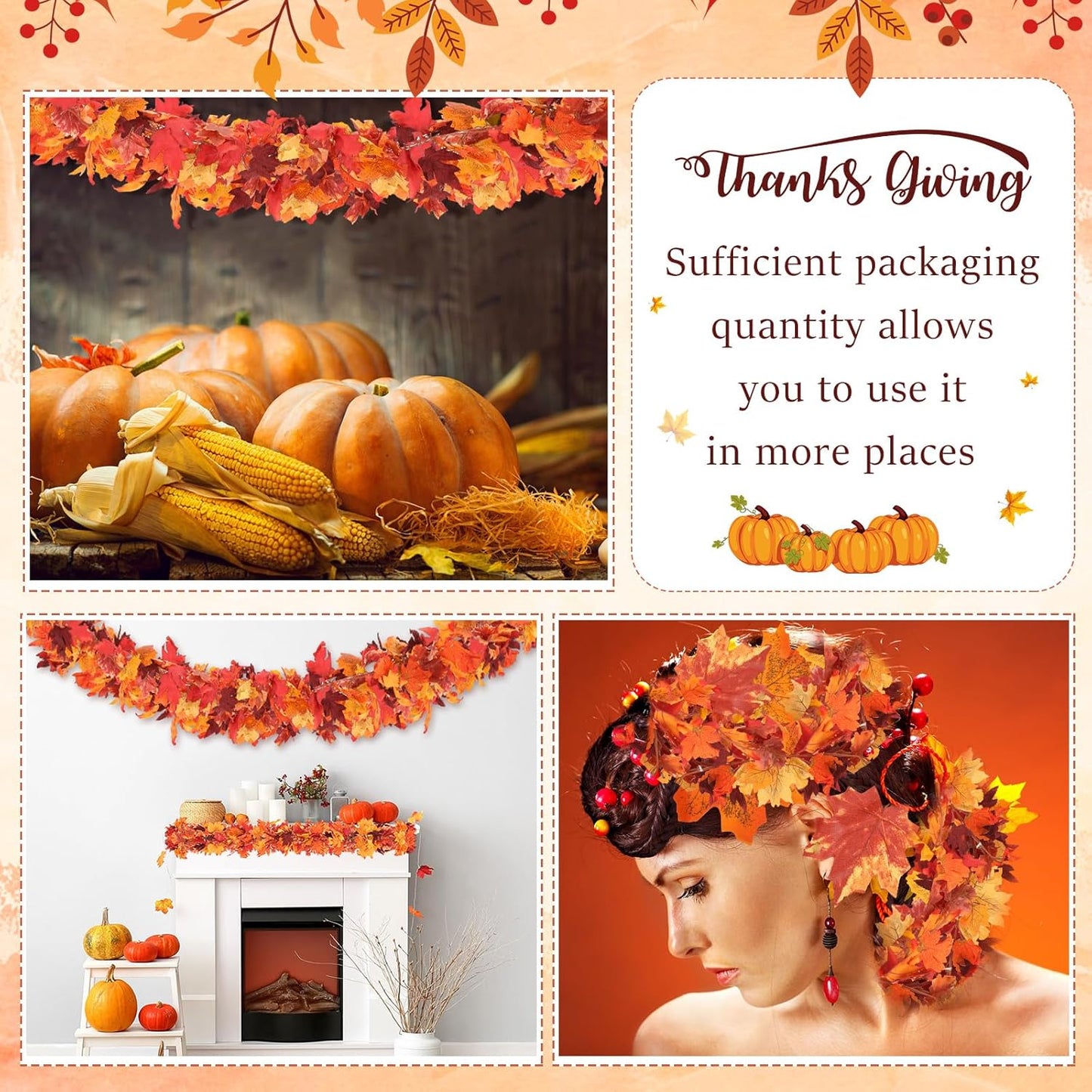 Retrowavy 20 Pack Fall Leaves Garland Bulk 5.6ft Artificial Maple Leaf Garland Christmas Faux Autumn Garland Vine Fake Hanging Table Decoration for Fireplace Thanksgiving Party Outdoor(Orange, Orange)