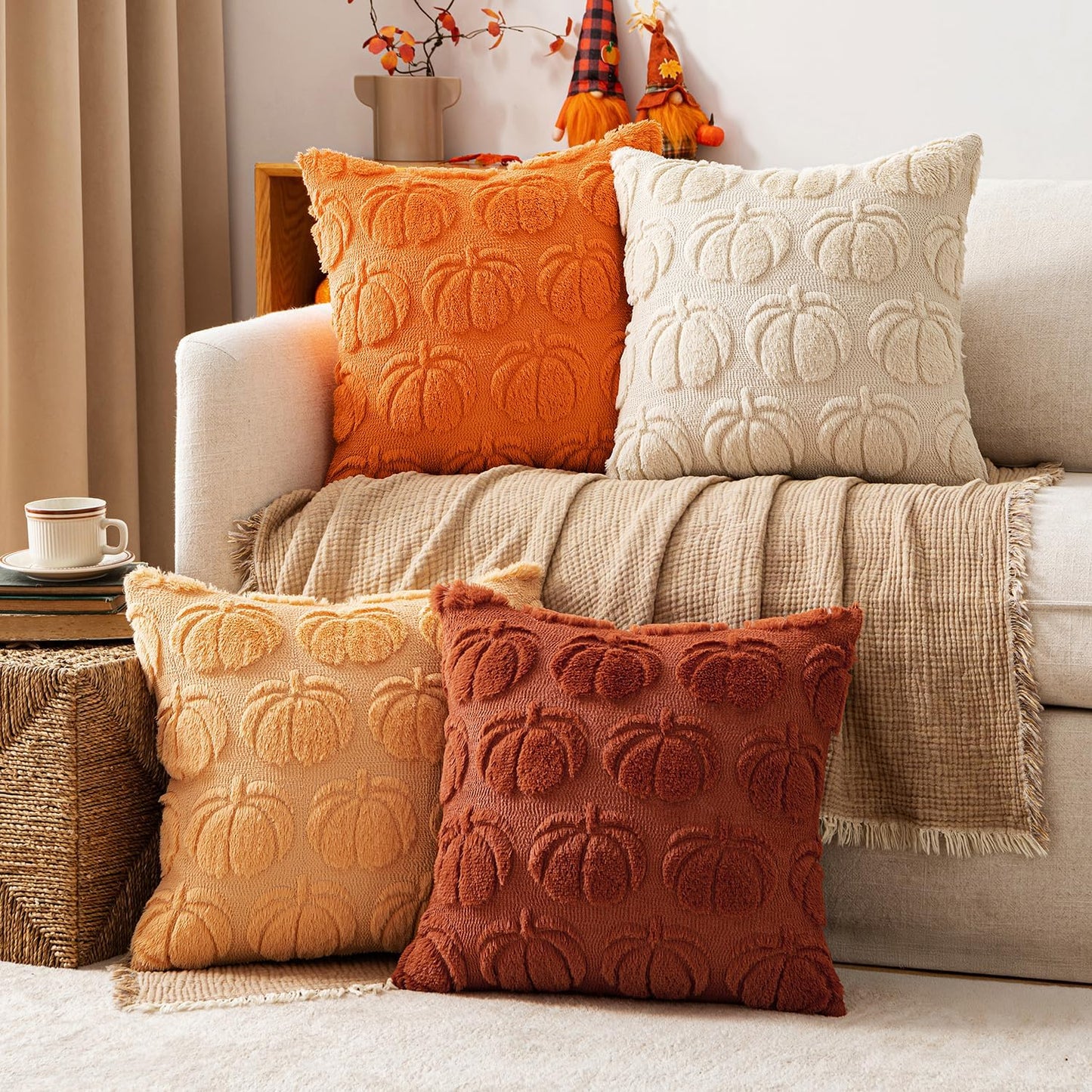 MIULEE Fall Pumpkin Pillow Covers 18x18 Inch Set of 4 - Soft Cozy Plush Decorative Pillows with Embroidered Pumpkin Pattern Autumn Halloween Holiday Decor for Sofa Couch Bed Living Room,Rust-Beige