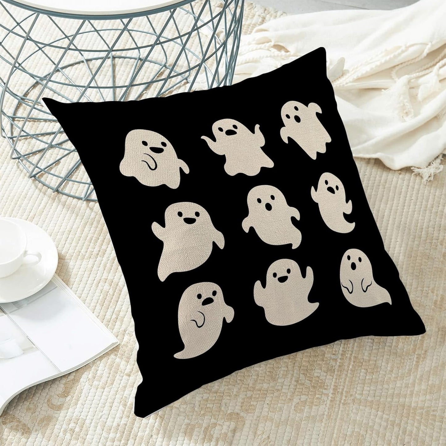 Halloween Pillow Covers 18x18 Pack of 2 Cute Black Beige Ghost Throw Pillow Covers Outdoor Decor,Autumn Holiday Decoration Ghost Pillowcase Linen Decorative Cushion Case for Home Sofa Couch