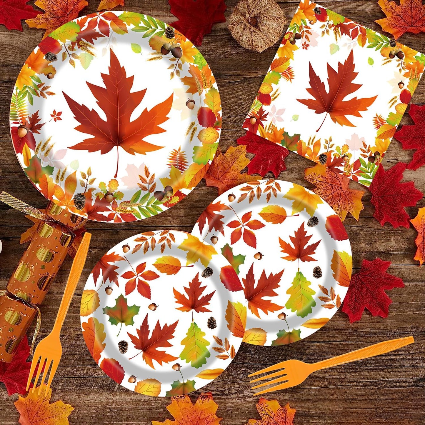 Fall Party Supplies - 96 Pcs Autumn Maple Leaf Disposable Tableware Set with Paper Plates, Napkins, Forks for Thanksgiving Harvest Party Decorations
