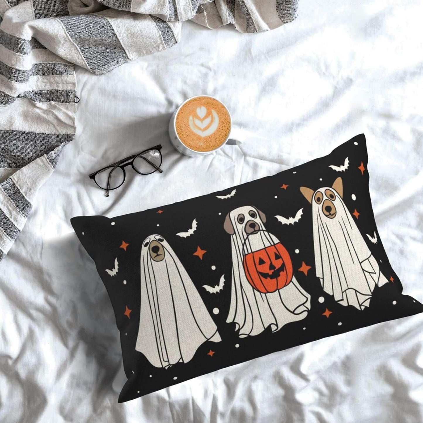 Halloween Pillow Covers 12x20 Pack of 2 Black Beige Dogs Bat Throw Pillow Covers Outdoor Decor,Autumn Holiday Decoration Black Pillowcase Farmhouse Linen Decorative Cushion Case for Couch Sofa