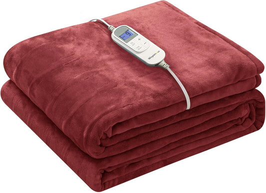 Wapaneus Foot Pocket Heated Blanket Electric Throw with 10 Heating Levels and 4 Timer Settings 4 Hours Auto Shut Off, Flannel Fast-Heating Heated Throw 50" x 60", Machine Washable,Red