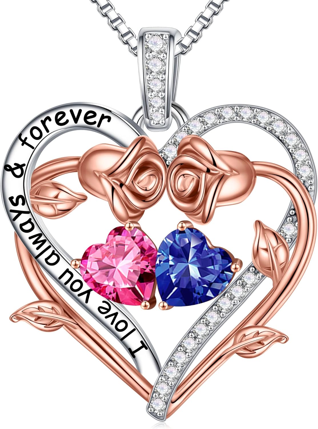 Iefil Rose Heart Double Birthstone Necklace Gifts for Wife Her Mom Women, Birthstone Jewelry Gemstone Birthday Gifts for Girlfriend Grandma Her Wife Women