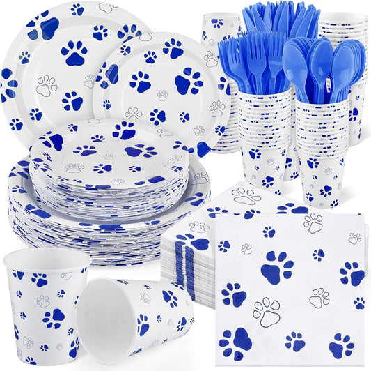 400 Pieces Blue Paw Disposable Party Tableware Sets Dog Puppy Supplies Including Plates Cups Napkins Cutlery Serves 50 for Birthday Puppy Theme Party Decorations