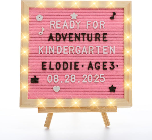 Light up Changeable Felt Letter Board Sign with LED Lights - Back to School Supplies for Girls, 10×10in Message Board Wall Mounted with Tripod Stand 450 Letters for Dorm Decor, Pink