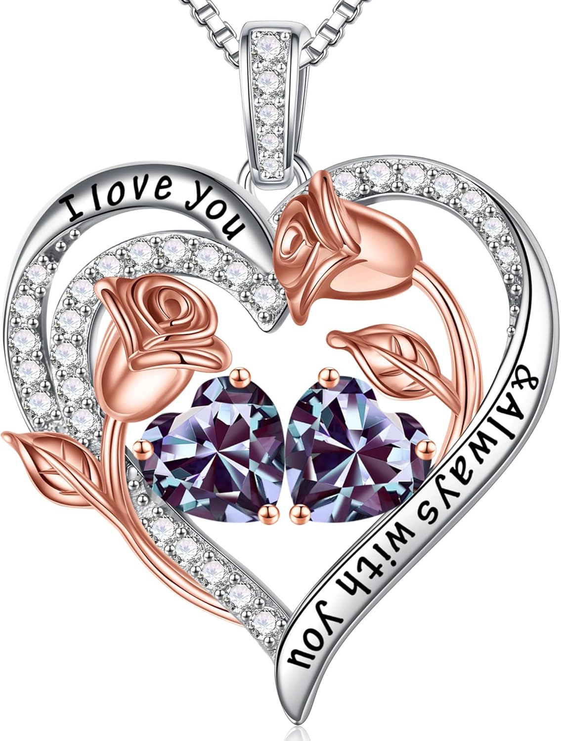 Iefil Birthstone Necklace for Women - 925 Sterling Silver Rose Heart Birthstone Necklace Birthday Anniversary Jewelry Gifts for Her Wife Mom Daughter