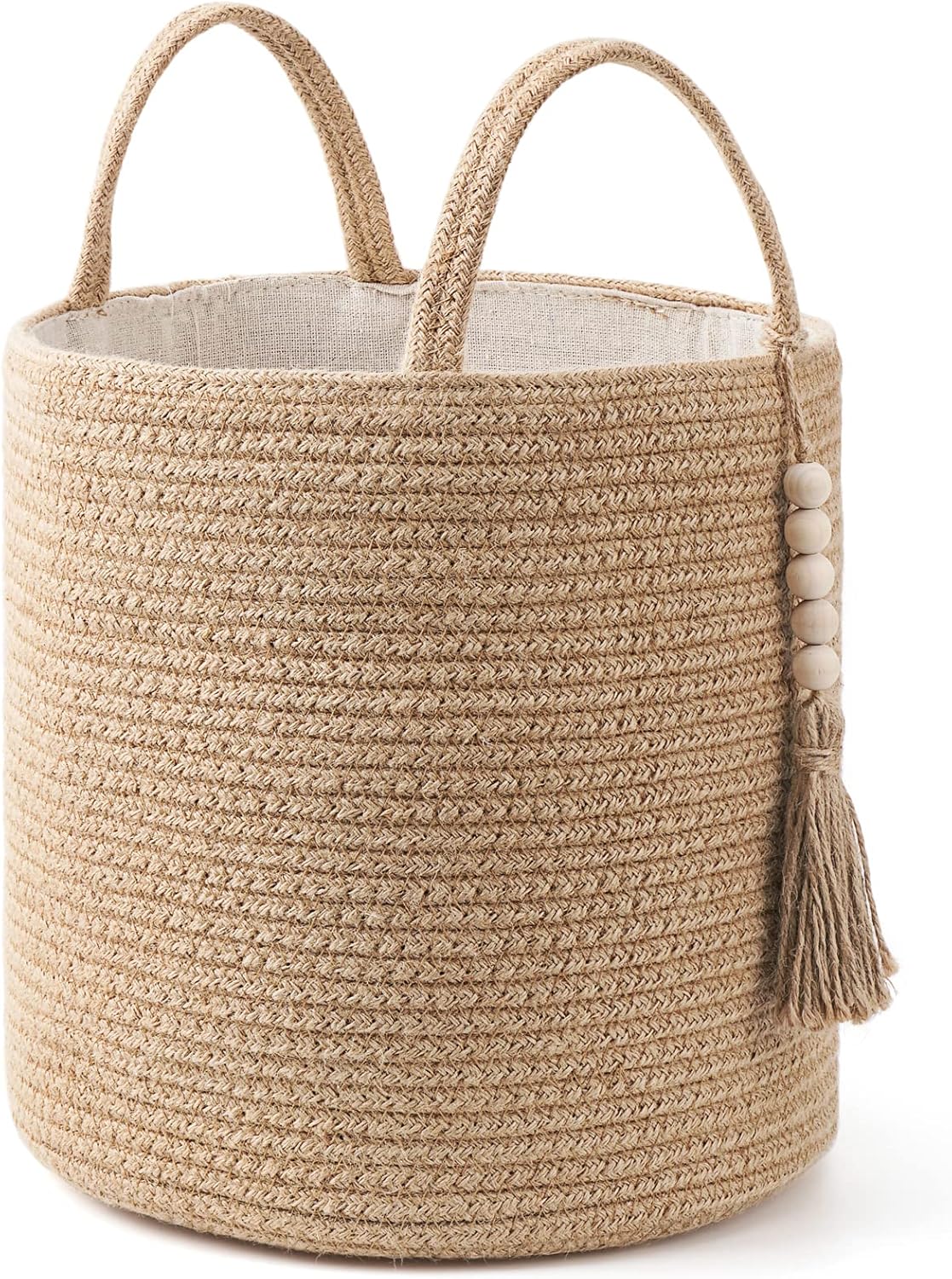 Mkono Woven Storage Basket Decorative Natural Rope Basket Wooden Bead Decoration for Blankets,Toys,Clothes,Shoes,Plant Organizer Bin with Handles Living Room Home Decor