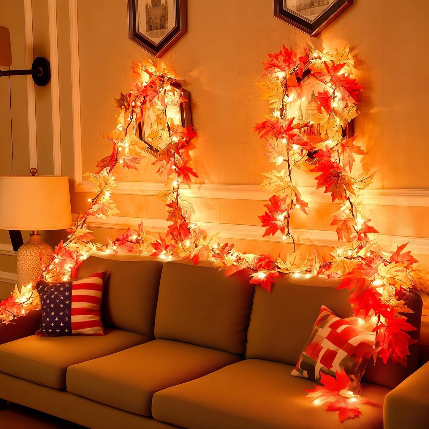9FT Fall Decorations for Home Large Leaves Fall Garland with Lights Plug in 50 Bulbs Connectable Thanksgiving Garland String Lights for Outdoor Indoor Harvest Fireplace Fall Decor(2 Packs)