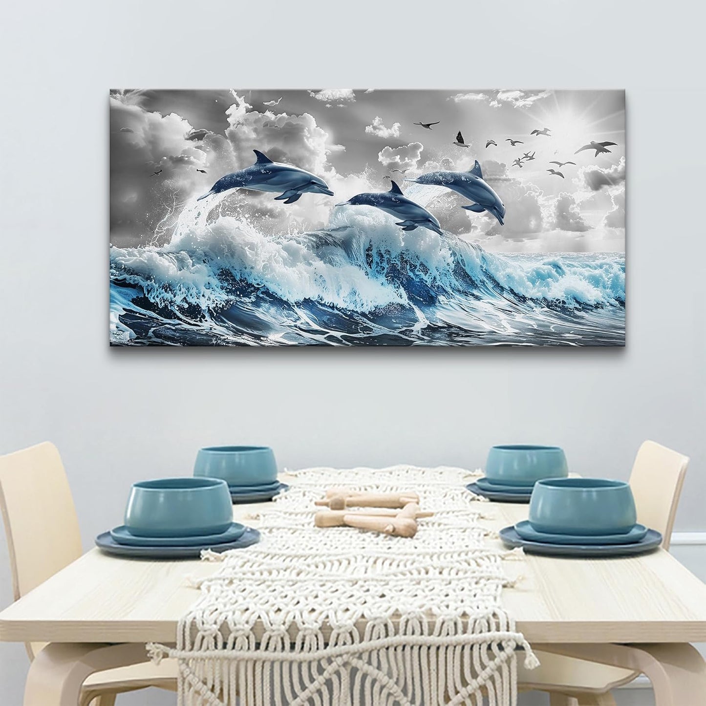 Wapluam Framed Canvas Wall Decoration For Living Room Large Wall Art For Bedroom Blue Waves Of The Sea Wall Pictures Artwork Fashion Office Canvas Art Prints Dolphins Seascape Paintings Home Decor
