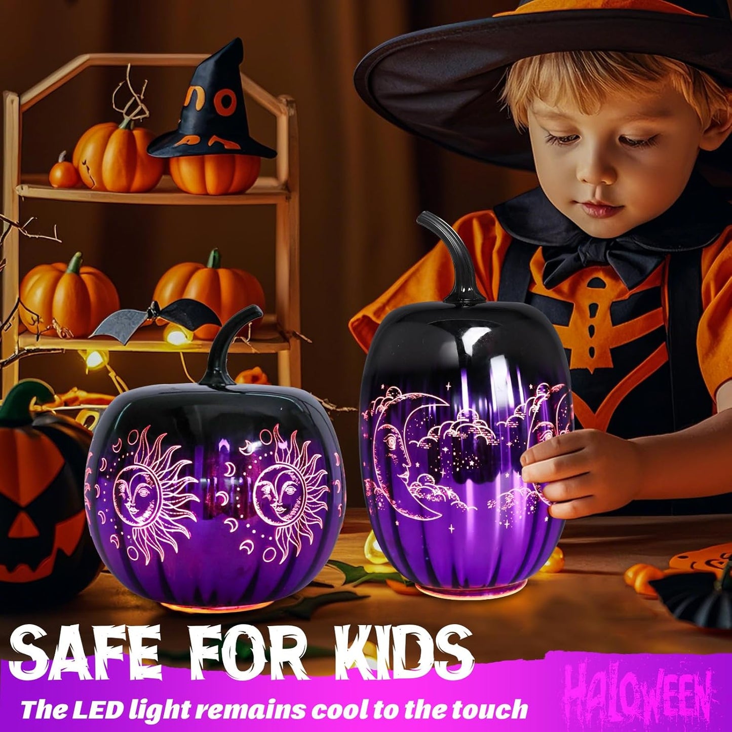 Bdor Halloween Purple Glass Pumpkin Lights Set of 2 – Witchy LED Lighted Pumpkins with Moon & Sun Designs – Spooky Fall Decor for Tabletop, Mantel, or Party Centerpiece