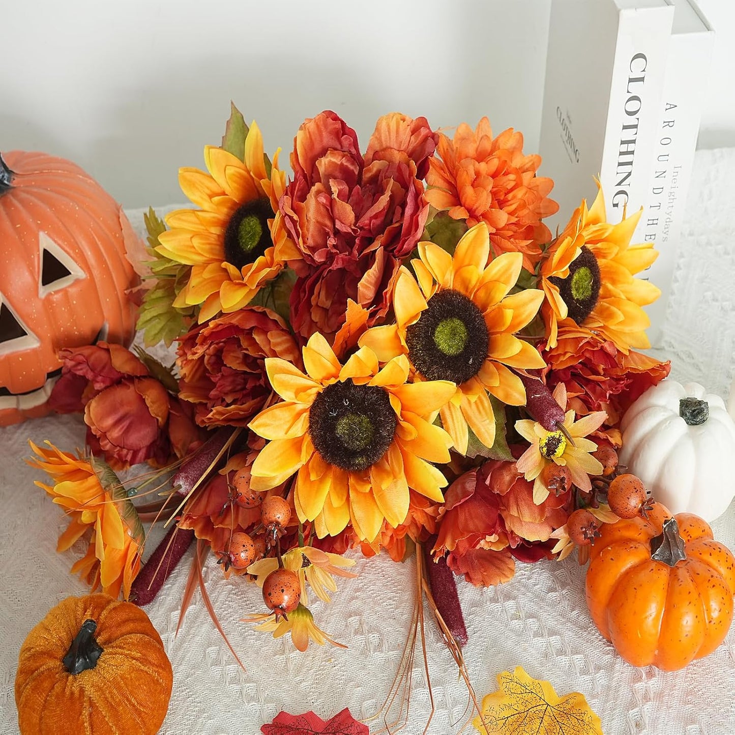 2 Bundles Fall Flowers Artificial for Decoration, Silk Flowers Bouquet Fake Sunflowers with Peony Mums Orange Faux Flowers for Cemetery Grave Home Wedding Party Autumn Thanksgiving Decor (21")