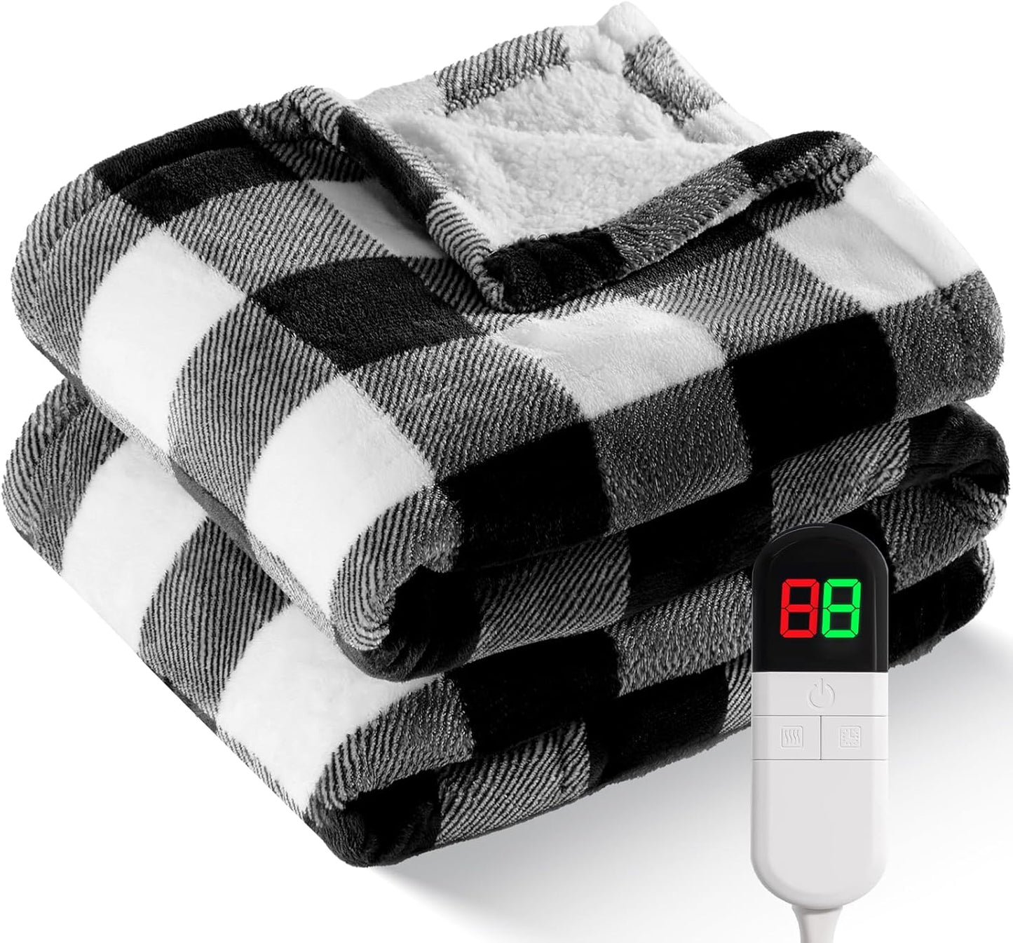 Electric Heated Sherpa Buffalo Plaid Christmas Throw Blanket with 8 Heating Levels & 8 Hours Auto Off, Fast Heating Warm Plush Washable Blanket with Over-Heat Protection, ETL Certification, Black
